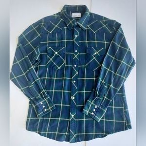 Mens M Wrangler Wrancher Blue/Green Flannel LS Western Shirt W/Pearl Snaps